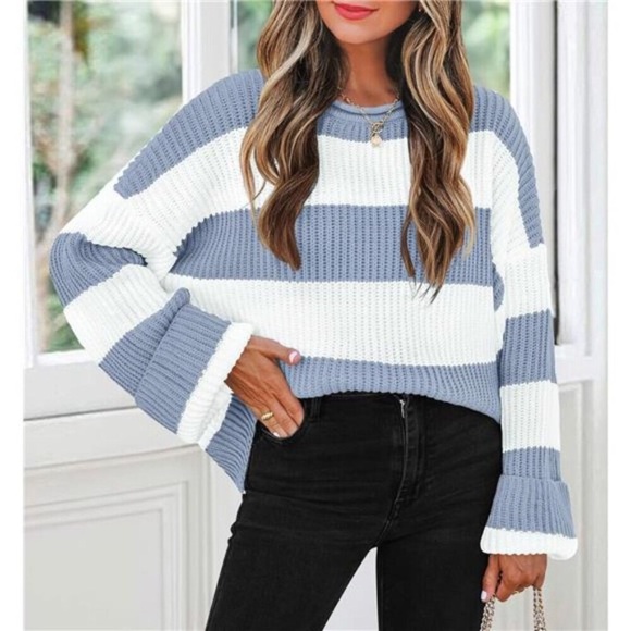 Striped Color Block Sweater – Oversized Fit, Flared Sleeves, Cozy Knit - Picture 1 of 5
